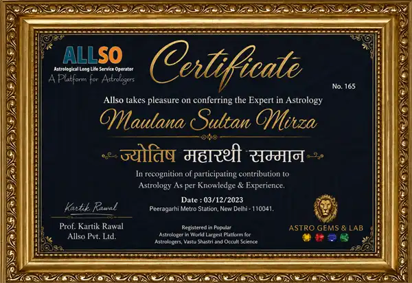 Certificate Maulana Sultan Mirza Muslim Astrologer
