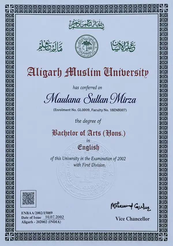 Certificate Maulana Sultan Mirza Muslim Astrologer